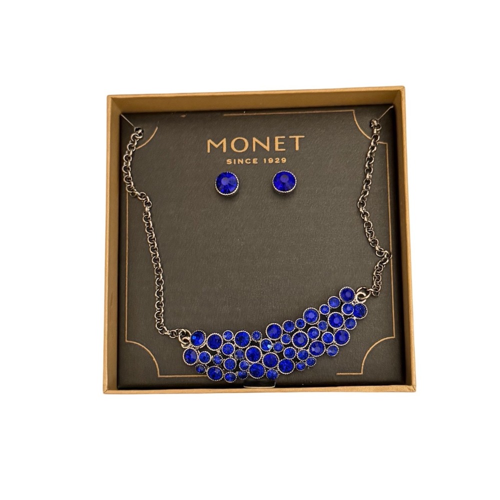 Monet Silver Tone Royal Blue Crystal Bib Necklace and Stud Earring Jewelry Set
